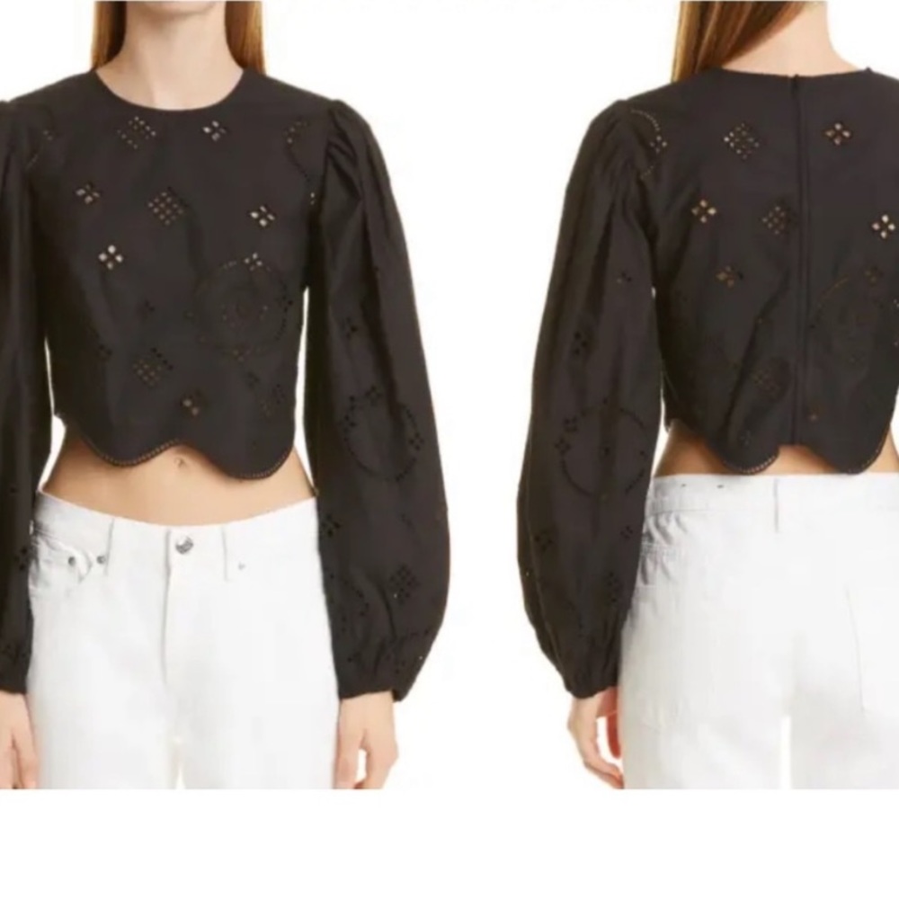 NWT GANNI Cropped broderie anglaise cotton blouse Sz 32.Equivalent toUS XXS or 0 - Picture 4 of 13